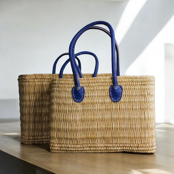Handmade Moroccan Rattan Basket Bag – Small / Medium / Large – Blue Navy Handles (Short or Long)