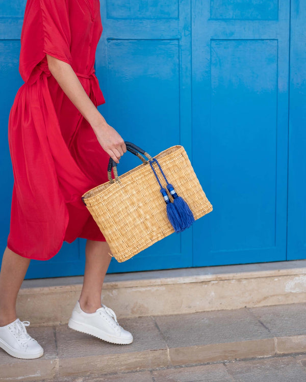 Mogador Rattan Bag – Handmade Woven Tote with Blue Tassel (Small, Medium, Large)
