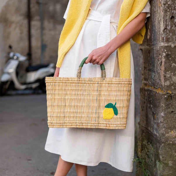 Lemon Handmade Moroccan Rattan & Leather Basket Bag
