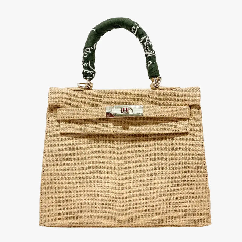 Mini Jute Kelly Bag Crossbody Burlap -Olive Green