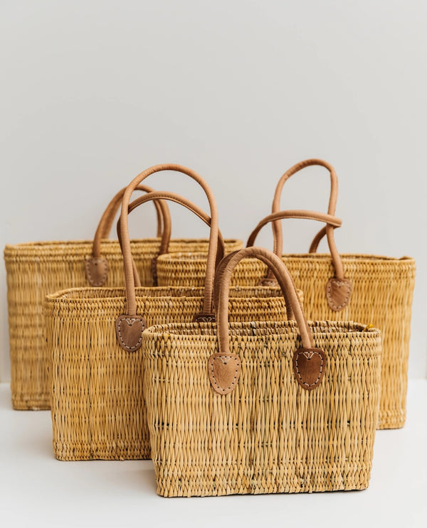 Marrakech Rattan Bag – Handmade Flat Weave Basket with Brown Handles (Short or Long) | Small, Medium, Large
