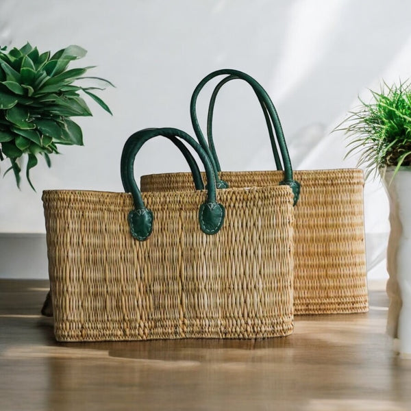 Handmade Moroccan Rattan Basket Bag – Small / Medium / Large – Dark Green Handles (Short or Long)
